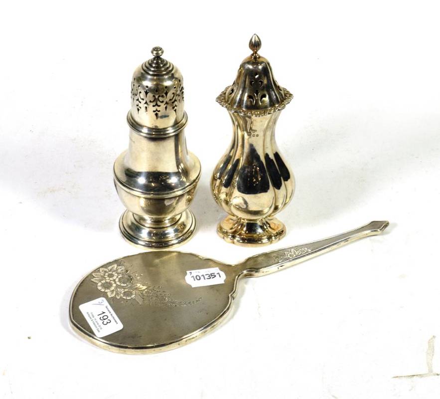 Lot 193 - Two silver castors and a silver backed hand mirror