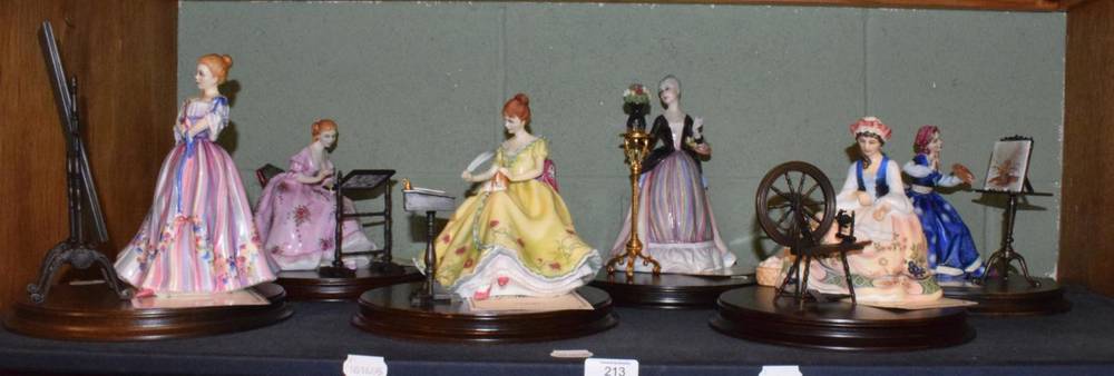 Lot 213 - Six Royal Doulton figures from the Gentle Arts series: Spinning HN2390, Painting HN3012,...