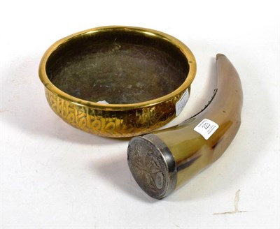 Lot 223 - An Indian brass bowl and a white metal mounted horn (2)