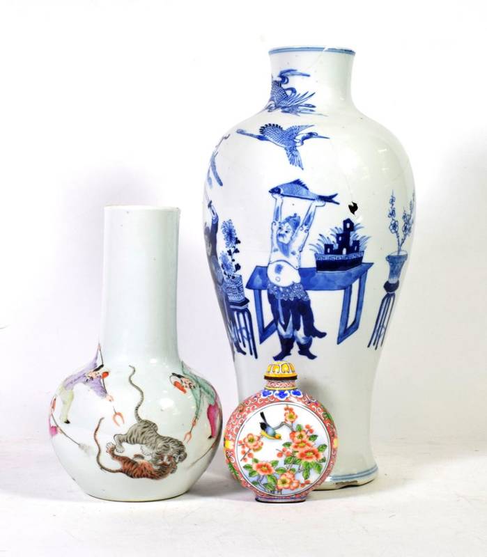 Lot 229 - Two Chinese vases one depicting tiger fighting and an enamel scent bottle