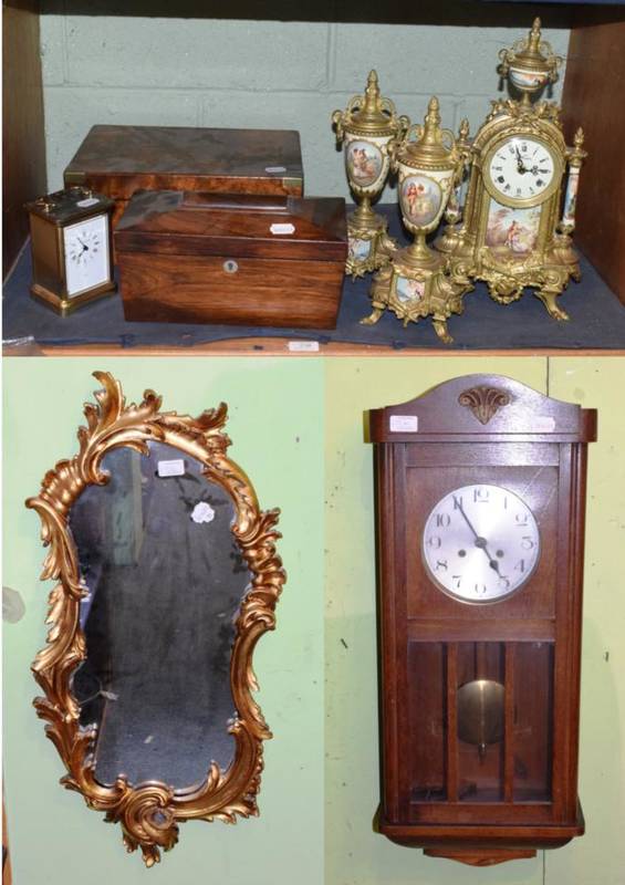 Lot 238 - A gilt metal clock garniture, an oak wall clock, a carriage timepiece, a burr walnut writing box, a