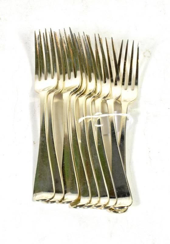 Lot 247 - A set of nine early Victorian silver old English pattern table forks, William Eaton, London...