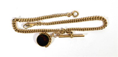 Lot 250 - An Albert chain, each link stamped '9' '.375'; with a 9 carat gold swivel fob and T bar stamped '9'