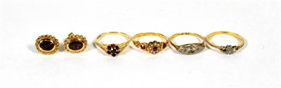 Lot 255 - Two rings (a.f.) (marks rubbed), finger sizes K and M1/2; a 9 carat gold gem set ring, finger...