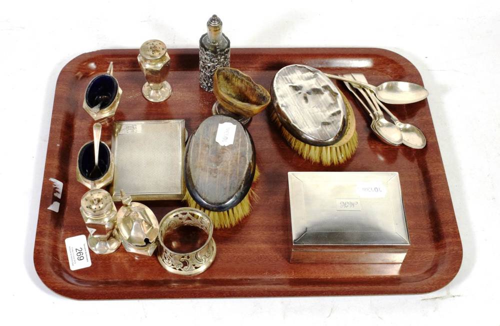 Lot 269 - Assorted silver wares including a cigarette box; condiments; a napkin ring; hairbrushes etc