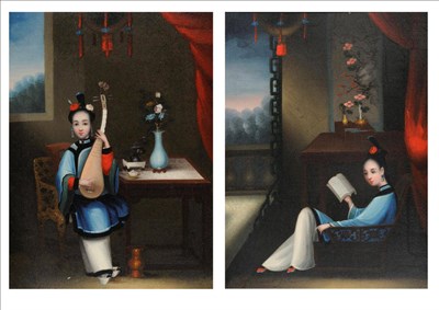 Lot 910 - Circle of Lam Qua (19th century) Chinese Girl seated beside a Table playing a Pipa (Chinese...