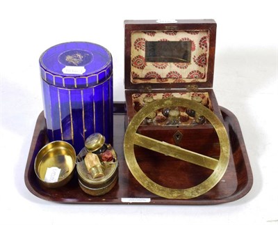 Lot 322 - A 19th century blue glass jar and cover; a travelling wax seal set; a cased six bottle...