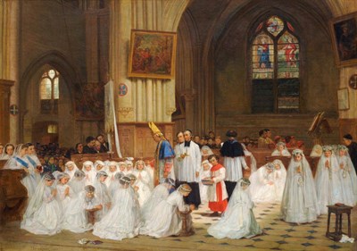 Lot 916 - Theophile Emmanuel Duverger (1821-1886) French Figures in a Cathedral Interior being Confirmed...