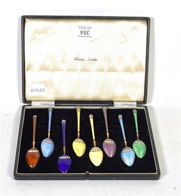 Lot 354 - A set of silver gilt and enamel coffee spoons, Turner & Simpson, Birmingham 1956, retailed by...