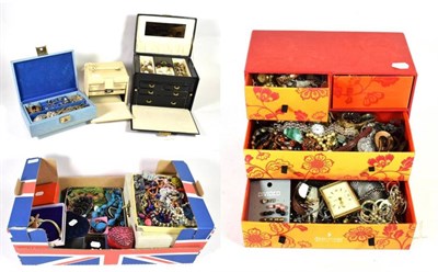 Lot 361 - A large collection of 20th/21st century costume jewellery and watches, in five jewellery boxes...