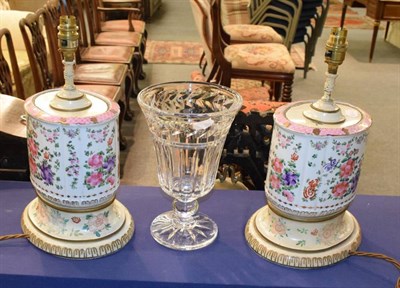 Lot 379 - A pair of floral painted porcelain table lamps and a Stuart crystal vase