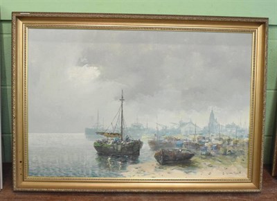 Lot 1017 - Wim Van Norden (1917-2001) Misty harbour scene, signed, oil on canvas, 59cm by 90cm