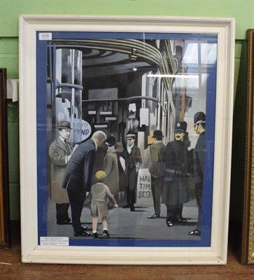 Lot 1018 - Denis Robson (20th century) ''Half Time Scores'', Newhouses Corner Middlesborough, gouache, 61cm by