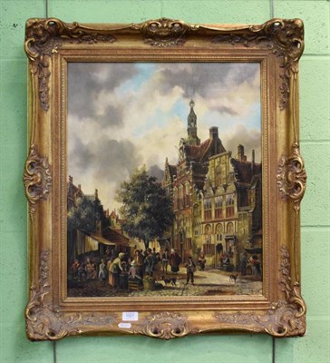 Lot 1021 - John Haanstra (20th century) Dutch street scene on market day, signed, oil on board, 58.5cm by...