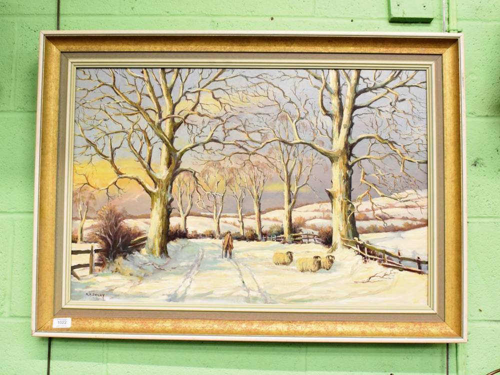 Lot 1022 - R A Berry (20th century) Shepherd and sheep in snowy landscape, signed, oil on canvas, 50cm by 75cm