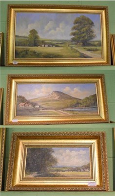 Lot 1023 - C Russell, Country landscape with cottages; cottages before a lake with a distant hill; and a...
