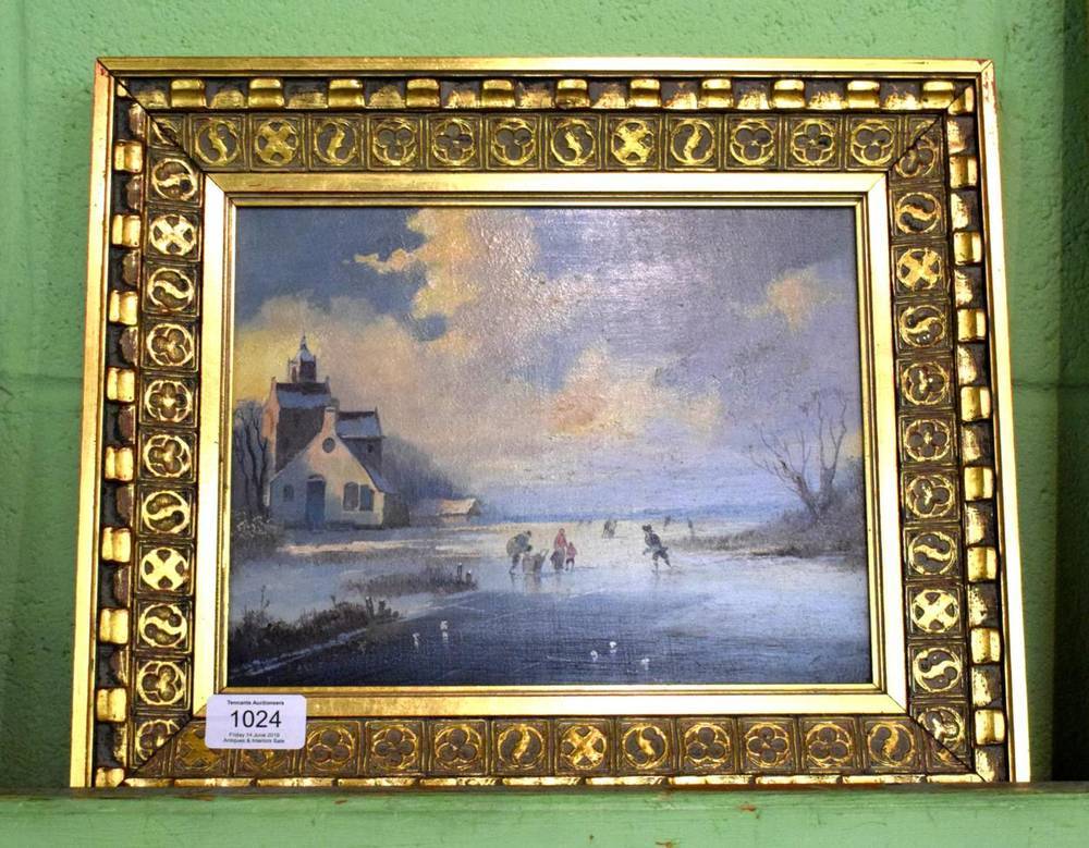 Lot 1024 - D van der Telden (Dutch) 20th century, skating scene on a frozen river, oil on panel, 19cm by 25cm