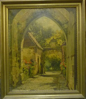 Lot 925 - Hans Prentzel (1880-1956) Sunlit Courtyard with Flowers near a Stone Archway Signed, oil on canvas