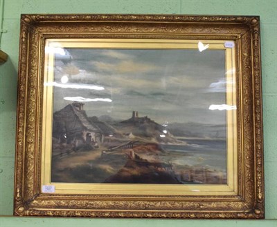 Lot 1027 - English School, 19th century, Coastal landscape with ruin, monogrammed, oil on canvas, 42cm by...