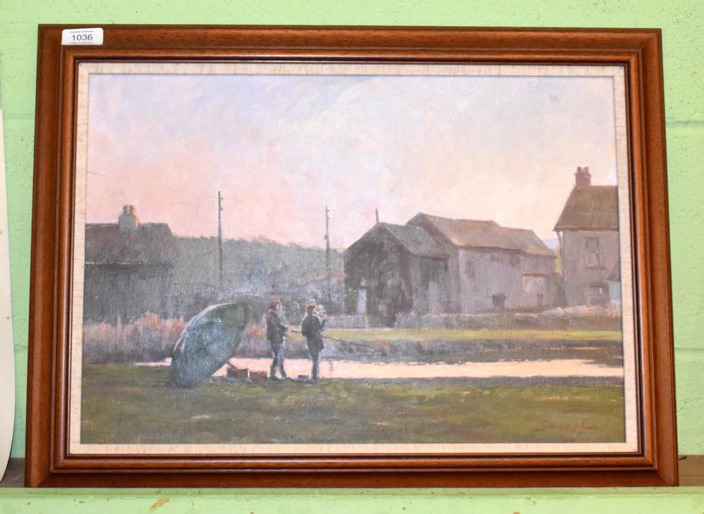 Lot 1036 - Ronald Moon (20th century) ''November Afternoon at Leece'', signed, oil on board, 34cm by 49cm