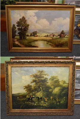 Lot 1040 - J Hohenberger, Haymaking, signed, oil on canvas, 59.5cm by 90cm ; together with a print of a...