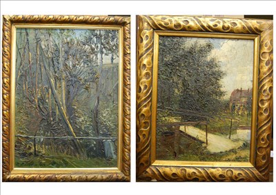 Lot 927 - Arthur Fedor Forster (1866-1939) German Footbridge over a Stream, trees nearby and a house...