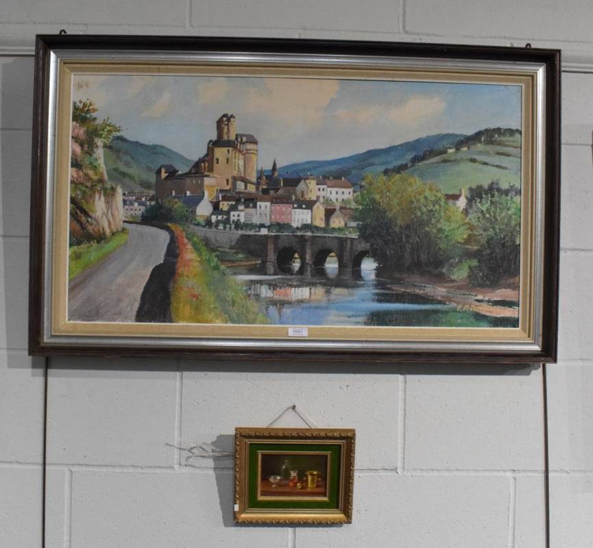 Lot 1051 - P F Tunstill (20th century) ''Estaing, River Lot, France'' signed, oil on canvas, 50cm by...