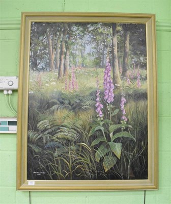 Lot 1062 - Marion Bradley (20th century) Woodland landscape with ferns and foxgloves, signed and dated...