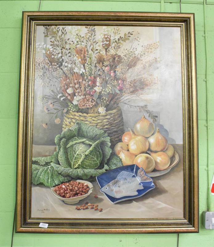 Lot 1063 - Marion Bradley (20th century) Still life with cabbage and onions, signed and dated 1994, oil on...