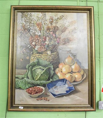 Lot 1063 - Marion Bradley (20th century) Still life with cabbage and onions, signed and dated 1994, oil on...