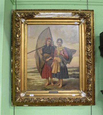 Lot 1064 - After L Mounier, Fisherwomen on a beach, oil on canvas