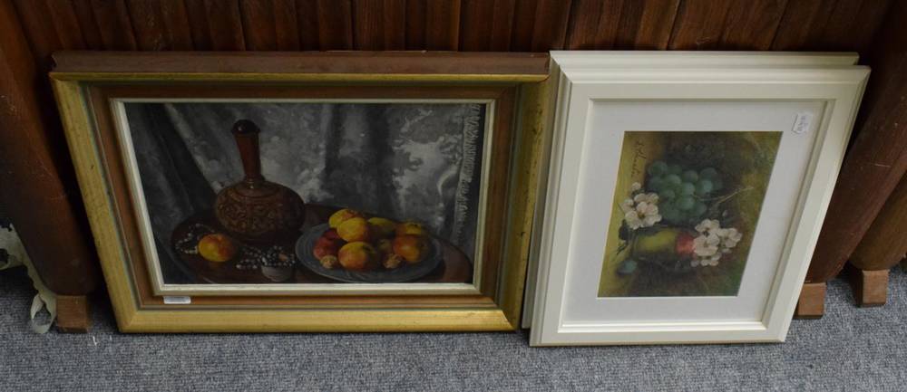 Lot 1066 - K Cramer, Still life with apples, walnuts and carafe, signed oil on board, together with two...