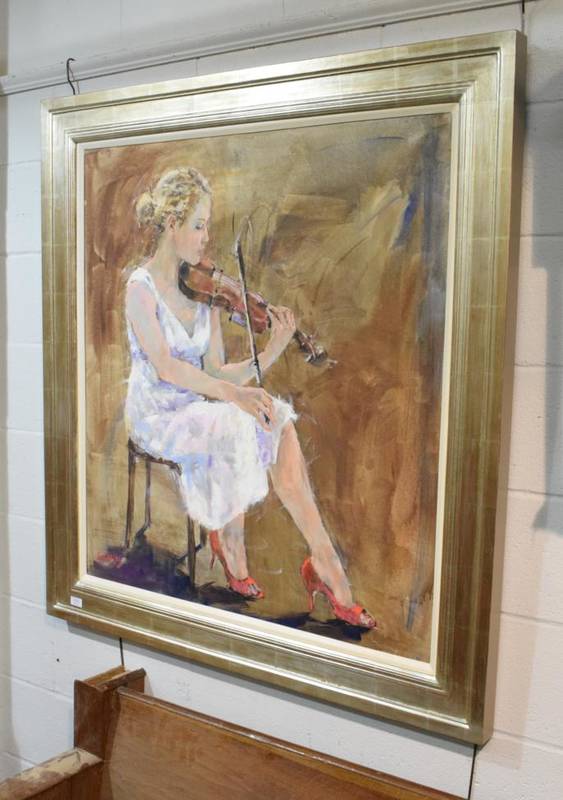 Lot 1075 - Barclay (Contemporary) A girl seated playing the violin, oil on canvas