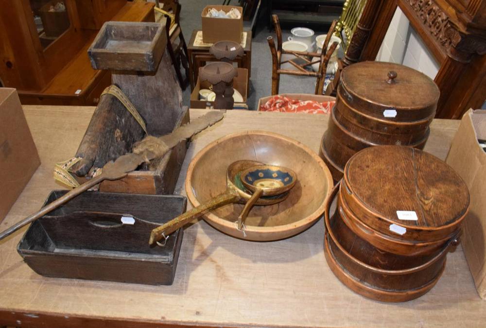 Lot 1081 - Assorted wooden items including a blacksmiths tidy, two staved barrels/food containers, a cow bell
