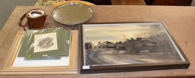 Lot 1088 - Balloon altimeter; an oil on canvas, by Arabella Dorman, crayon landscape; prints; plated...