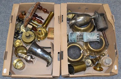 Lot 1097 - Two boxes of various metal wares including miners lamp