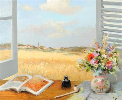 Lot 932 - Marcel Dyf (1899-1985) French "Fenêtre Ouverte", open window to wheat fields Signed, inscribed...