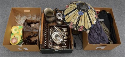Lot 1103 - A quantity of silver plate, Carlton Ware leaf dishes, Tiffany style table lamp, glass, modern...