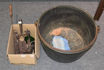Lot 1112 - A large copper log bin with swing handle; together with a box of metalwares; and a moulded...