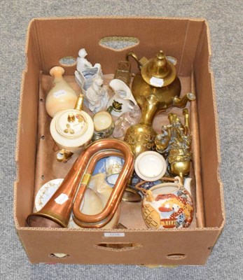 Lot 1119 - Assorted including copper and brass bugle; carved mother of pearl shells; brassware; ceramics etc