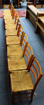 Lot 1135 - Ten pine rope work seated ladder back chairs