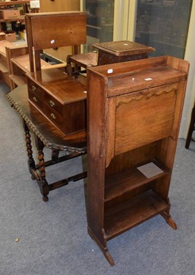Lot 1137 - Oak hall bureau; an oak carved plant stand; ropework stool; drop-leaf occasional table; a 1920s oak