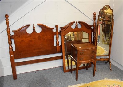 Lot 1159 - Reproduction mahogany double headboard and matching wall mirror; together with a cheval mirror; and