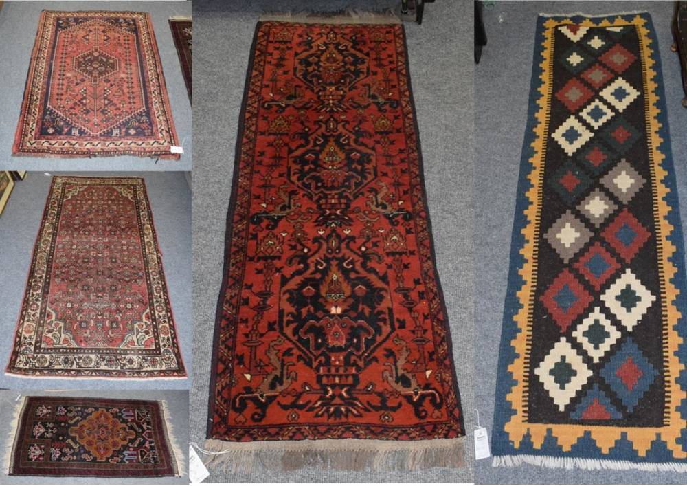 Lot 1171 - Hamadan rug the raspberry herati field enclosed by narrow borders, 205cm by 98cm, together with...