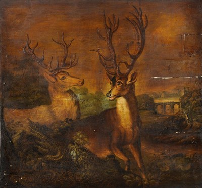 Lot 939 - English School (early 19th century) Red Deer in a Landscape, figures on a bridge with a castle...