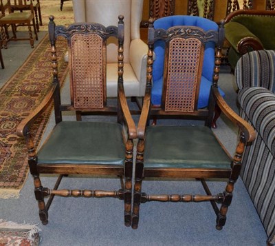 Lot 1244 - Pair of cane backed oak open armchairs