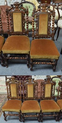 Lot 1249 - Set of five Victorian carved oak dining chairs, in the Carolean style, recovered in yellow velvet