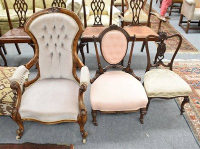 Lot 1254 - Victorian button back open armchair; and two chairs of similar date (3)