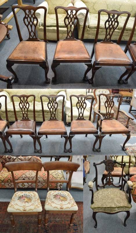 Lot 1256 - Set of seven George III style mahogany dining chairs including one carver; together with three...