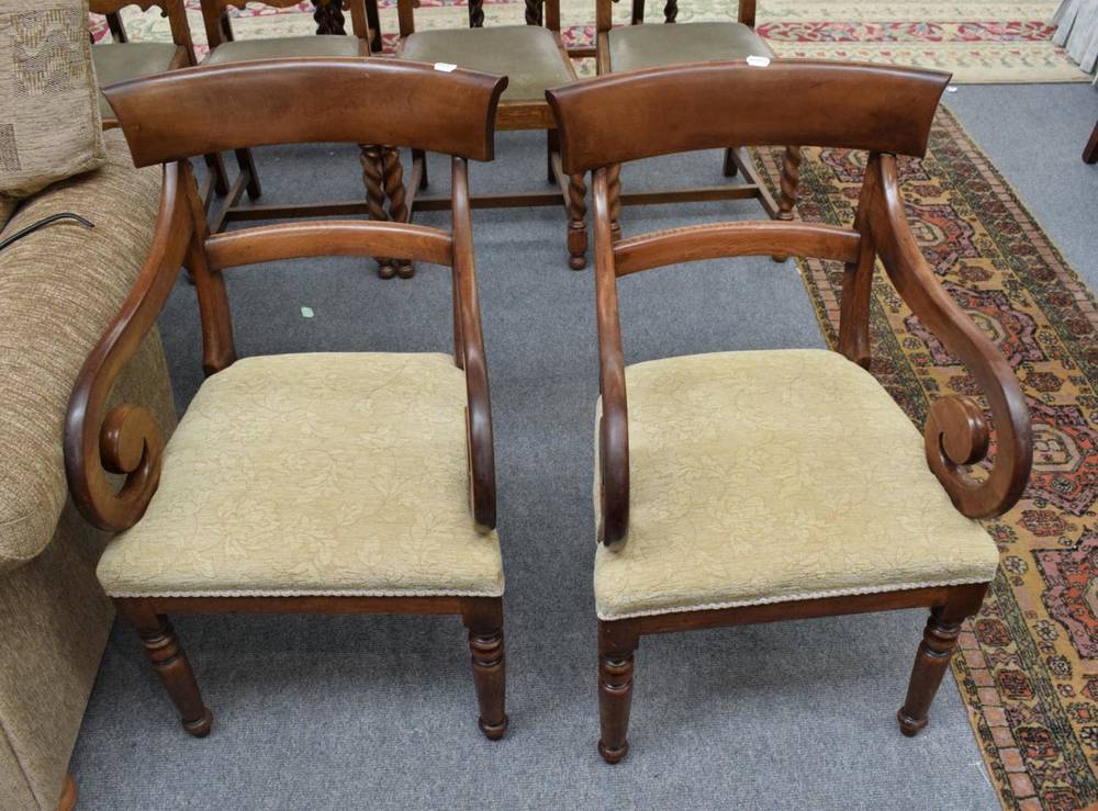 Lot 1258 - Pair of Regency scroll arm chairs